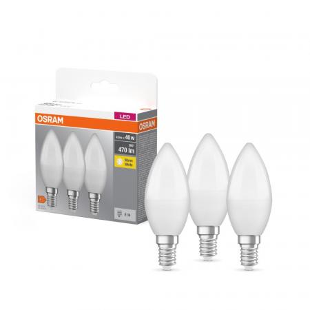 3er Pack OSRAM LED BASE E14 Lampe in Kerzenform MATT 4,9W=40W warmweisses Licht